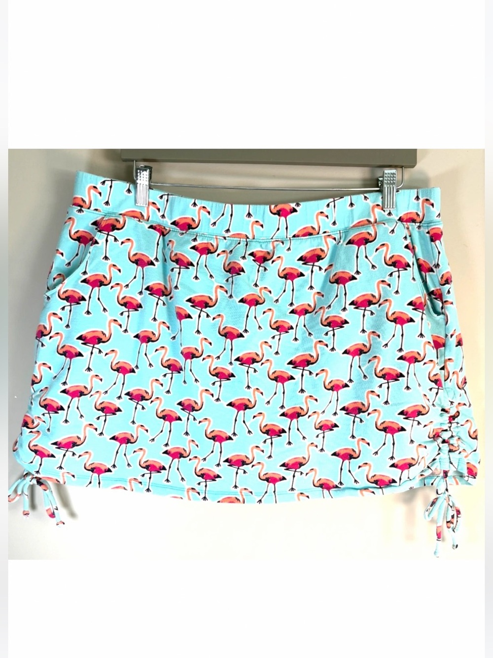 Crown & Ivy NEW Flamingo Print Ruched Sides Skirt Skort Turquoise Pink Womens L